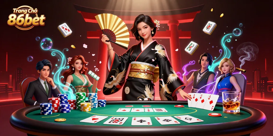 Engage with the vibrant scene of Trang Chủ 86bet featuring classic casino elements and a stunning Asian character.