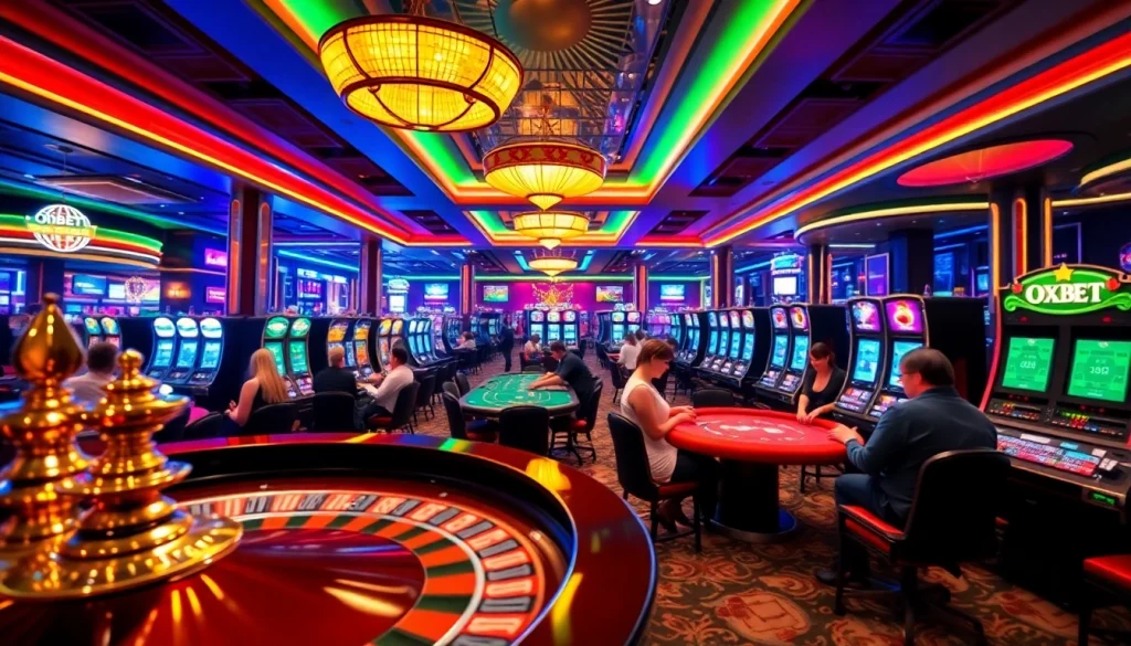 Experience the excitement of games at OXBET casino with vibrant tables, chips, and players.