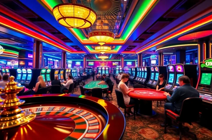 Experience the excitement of games at OXBET casino with vibrant tables, chips, and players.