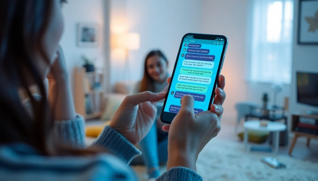 Engaging interaction showcasing sexting ai on a smartphone in a cozy digital environment.