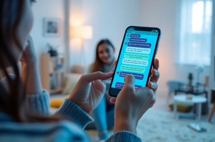 Engaging interaction showcasing sexting ai on a smartphone in a cozy digital environment.