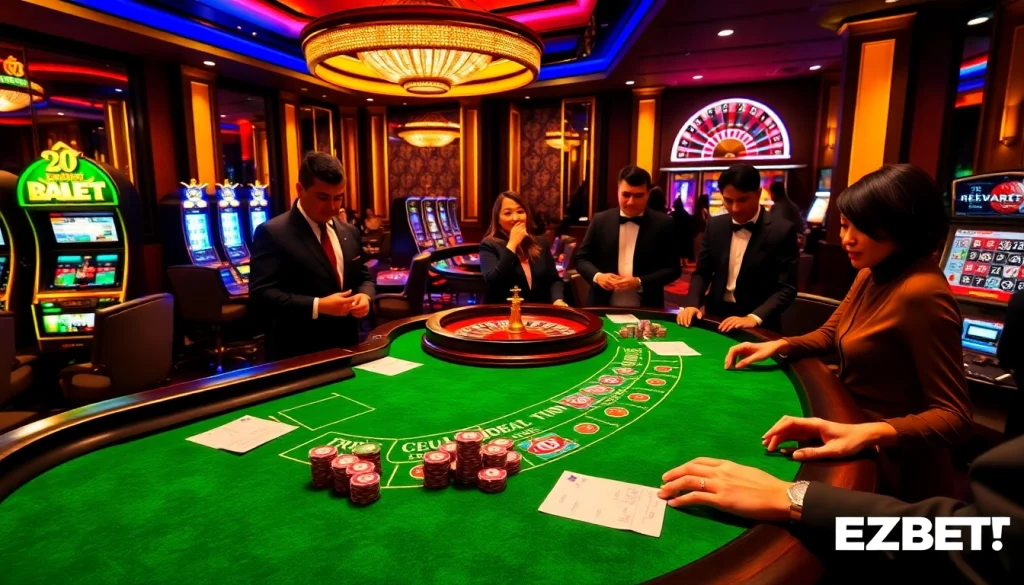Engaging E2BET gambling scene with a baccarat table and vibrant casino elements.