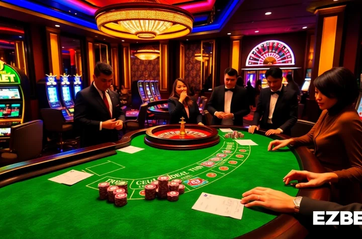 Engaging E2BET gambling scene with a baccarat table and vibrant casino elements.