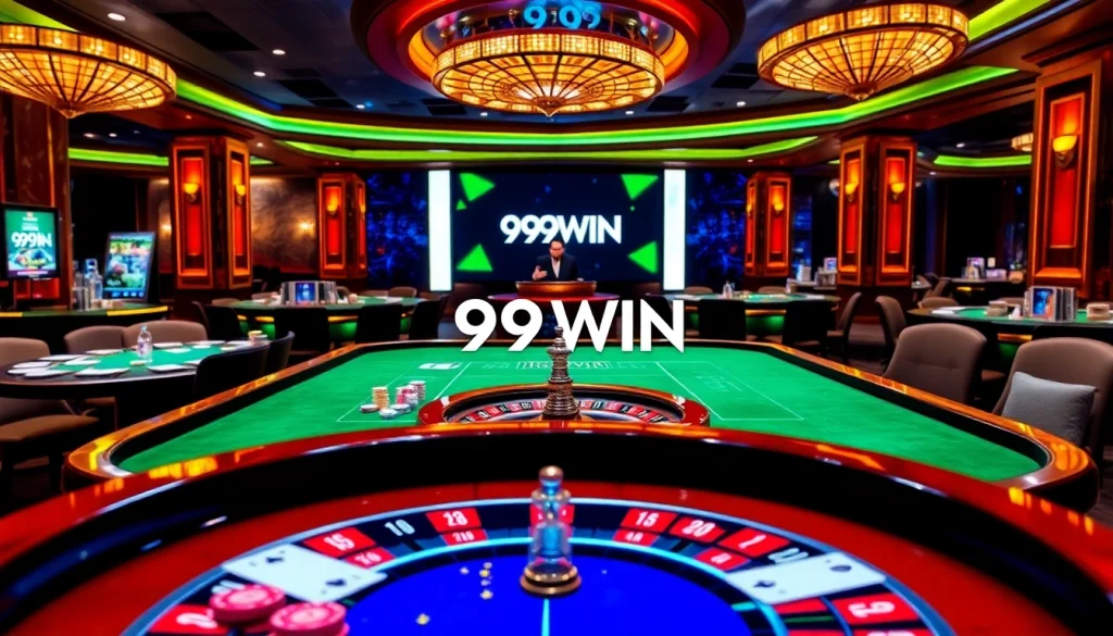 Exciting casino scene showcasing online gambling with the 99WIN logo on vibrant game tables and immersive betting interface.
