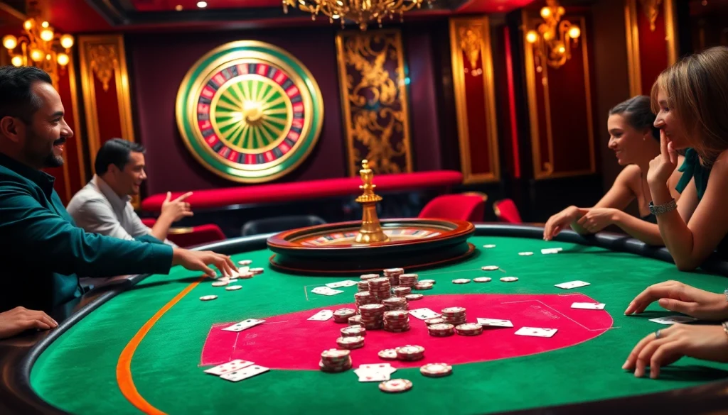 Experience the excitement of gambling with Lu88 in a vibrant casino scene with poker and roulette.