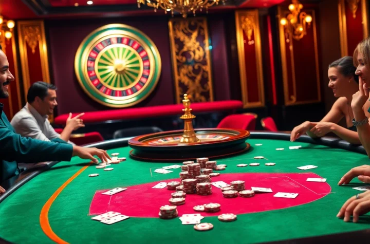 Experience the excitement of gambling with Lu88 in a vibrant casino scene with poker and roulette.