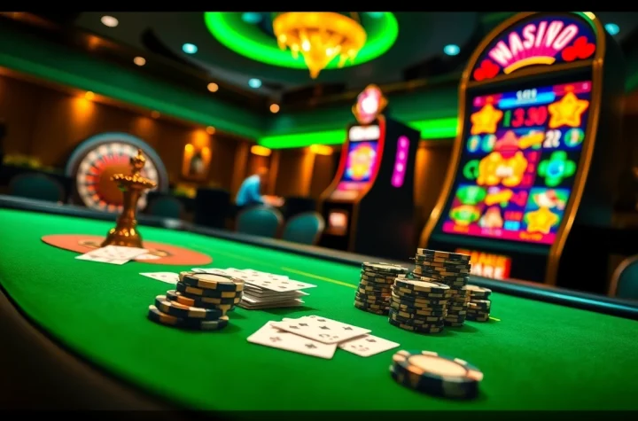 Experience thrilling action at the i9bet casino with vibrant poker tables and roulette wheels.
