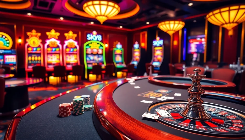 Playing at SKY88 Casino with vibrant slot machines and elegant tables filled with poker chips.