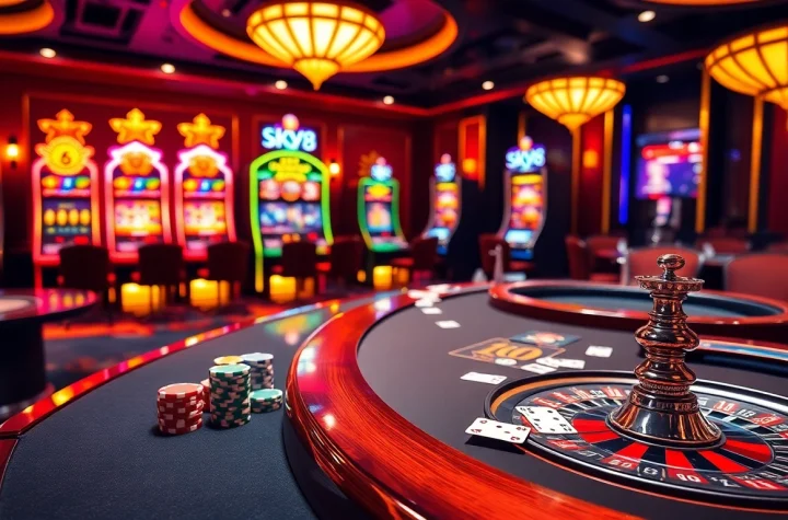 Playing at SKY88 Casino with vibrant slot machines and elegant tables filled with poker chips.