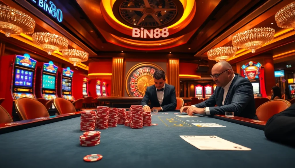 Exciting poker players at Bin88 casino table with vibrant slot machines in background.
