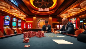 Exciting poker players at Bin88 casino table with vibrant slot machines in background.
