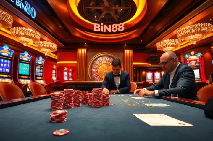 Exciting poker players at Bin88 casino table with vibrant slot machines in background.