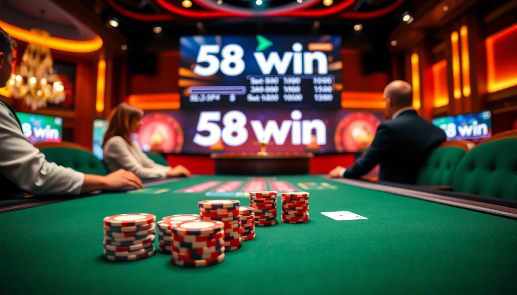 Players engage in a thrilling poker game at 58win casino, showcasing excitement and high-quality chips.
