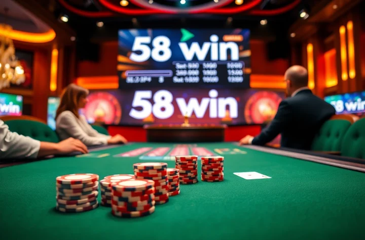 Players engage in a thrilling poker game at 58win casino, showcasing excitement and high-quality chips.