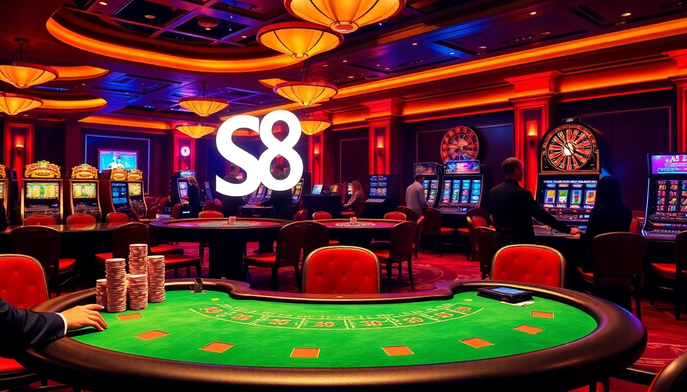 Engage in exciting casino gameplay at S8 with vibrant tables, spinning roulette, and poker action.