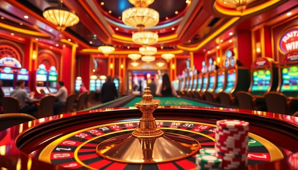 Experience the thrill of a lucky win at a luxurious casino, featuring a roulette table, poker chips, and elegant slot machines.