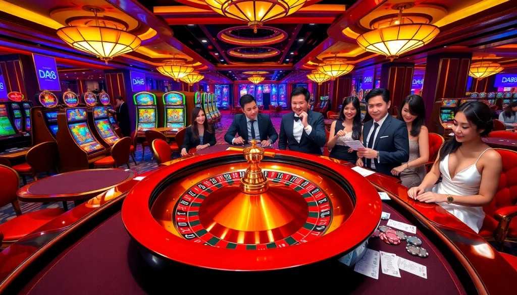Exciting gameplay at DA88 Casino featuring poker chips, a roulette wheel, and engaged players.