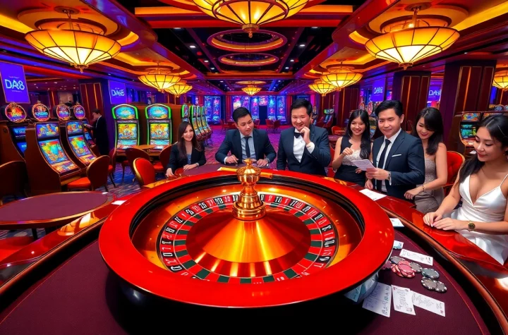 Exciting gameplay at DA88 Casino featuring poker chips, a roulette wheel, and engaged players.