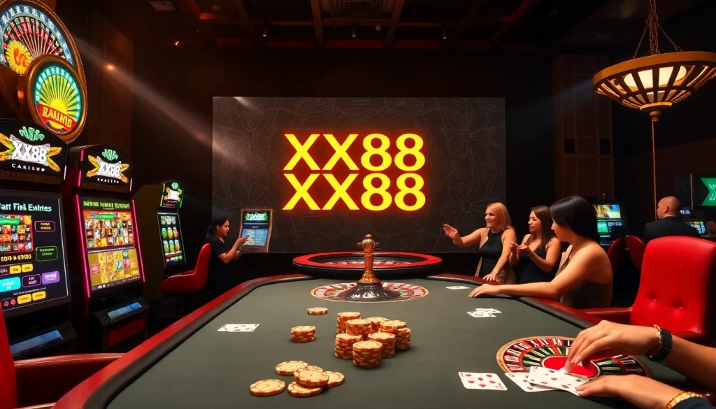 Engaged players enjoying games at XX88 casino with vibrant slot machines and elegant poker tables.