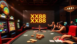 Engaged players enjoying games at XX88 casino with vibrant slot machines and elegant poker tables.