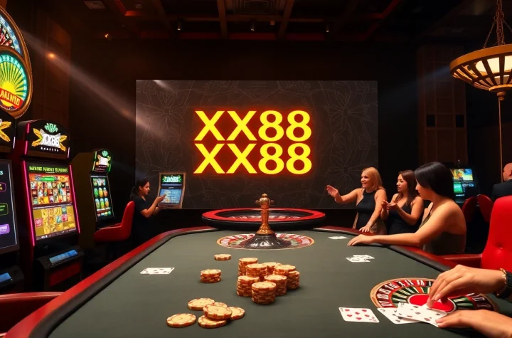 Engaged players enjoying games at XX88 casino with vibrant slot machines and elegant poker tables.