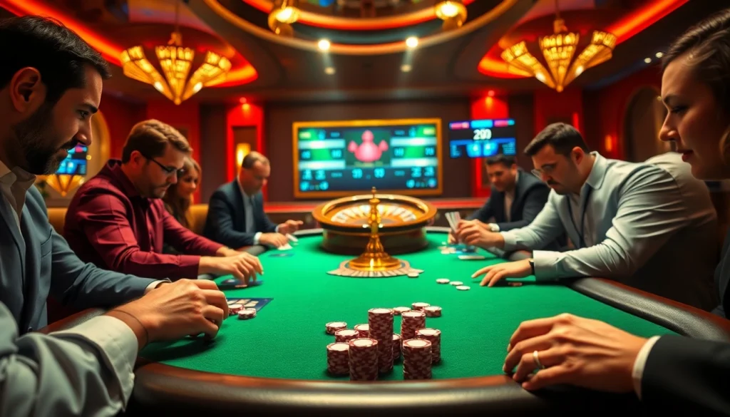 Players engage in strategic gameplay at NK88 casino table with vibrant cards and chips.