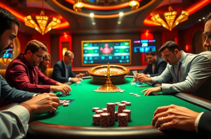 Players engage in strategic gameplay at NK88 casino table with vibrant cards and chips.