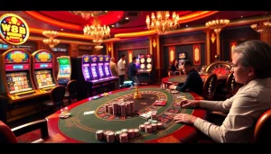 Experience the thrill of gambling with a lively casino scene featuring poker games and slots while linking to vb88.