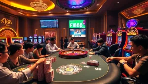 Experience excitement at F168 casino with vibrant slot machines, poker players, and strategic betting.
