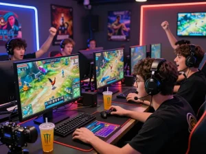Engaged players at https://bj388.my enjoying live cockfighting bets in a vibrant gaming room, showcasing excitement and modern betting technology.