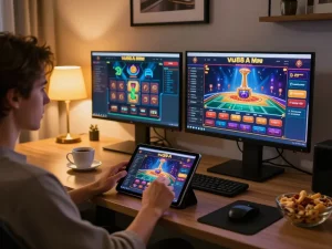 Person playing vu88a casino games on tablet in a modern home office, highlighting responsible gaming.