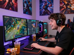 Engaged gamer analyzing Onbet LOL gameplay in a vibrant gaming setup