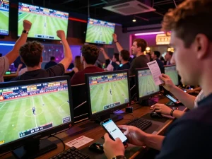 MM88 sports betting excitement with enthusiastic bettors placing bets in a vibrant venue.