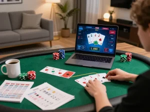 Engaging in Lu88 online poker from a cozy home setup with strategic notes on display