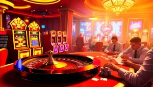 Exciting casino environment with players at roulette and slot machines enhancing the thrill of s8s gaming.