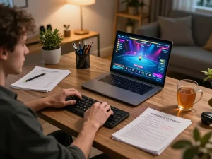 Engaged gamer at https://sin88.chat/ playing live dealer game on a laptop in a cozy home office setting