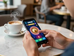 Using the ONE88 APP on a smartphone during an exciting online gaming session in a stylish café setting.