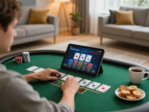 Engaging blackjack gameplay on the 789 win tablet in a cozy living room, showcasing an immersive online experience