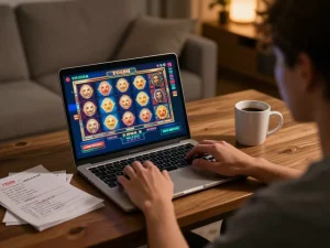 Engaging online gambling session with TG88 displayed on the laptop screen in a cozy home atmosphere.