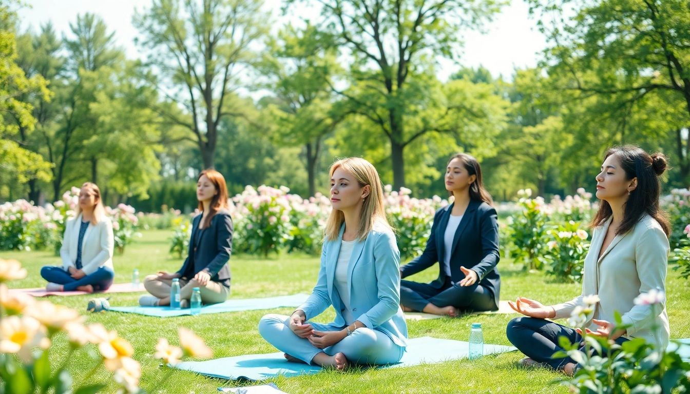 Practicing mental health tips in a serene outdoor setting with people meditating.