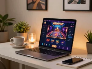 32win gaming setup with laptop displaying casino interface, warm ambiance for online gambling.