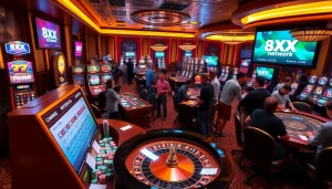 Experience thrilling gameplay options at https://8xx.network/ with vibrant casino visuals featuring tables and slot machines.