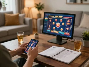 Player enjoying mobile gambling with 56WIN interface on smartphone, showcasing an engaging casino experience.