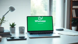 WhatsApp网页版 displayed on a laptop in a modern home office setting for seamless connectivity.