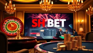 Exciting gaming action at the SH BET online casino with poker chips and roulette.