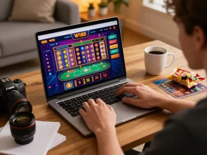 Player engaged in online gaming at W188, showcasing a vibrant casino experience at home.