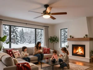 Gezellige woonkamer met een plafondventilator in wintermodus, die comfort creëert tijdens koude maanden.