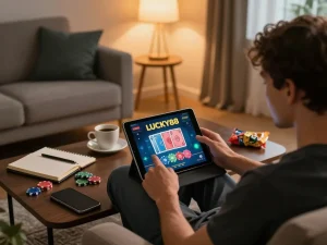 Engaging in LUCKY88 gaming with poker cards on tablet during a cozy home evening.