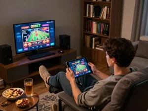Enjoying OXBET online casino gaming casually at home, with a cozy setup and engaging tablet interface.