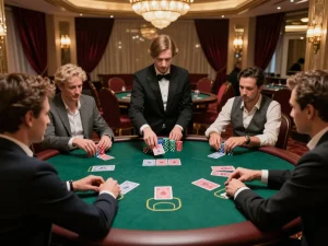 Sky88 poker players strategizing their moves at high-end table with chips and cards in hand.